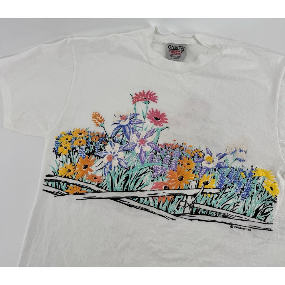 Vintage 1990 Oneita Wildflowers Graphic T-Shirt Size M Made in USA Single Stitch - Picture 2 of 11